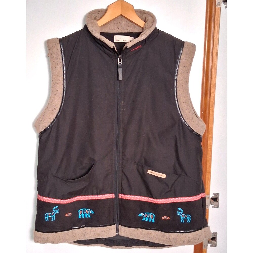 Inuk Vest Mens Large Black Fleece Lined Full Zip Embroidered Tribal Animals
